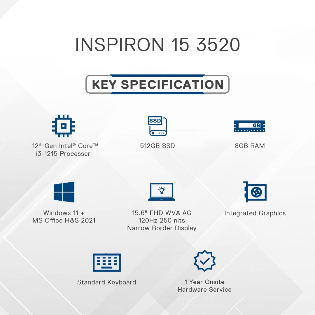 Dell Inspiron 3520 Laptop,12th Gen Intel Core i3-1215 Processor, 8GB, 512GB SSD, 15.6" (39.62Cms FHD, Win 11 + MSO'21, Silver, 15 Month McAfee Antivirus, Thin & Light-1.65kg