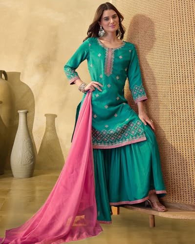 SheWill Firoji Poly Chinon Zari Sequence Thread Embroidered Kurta With Sharara And Dupatta (SHEKS10335_ANANT_A)
