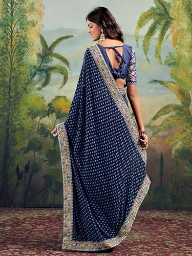 Satrani Women's Georgette Sequence Embroidery Lace & Bandhani Printed Saree with Unstitched Blouse Piece (4115S906NY_Navy Blue)