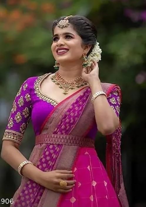 RENVAANI Women's Traditional Kanjivaram Silk Zari Weaving Unstitched Lehenga Choli with Dupatta (Khajuri BT Red)