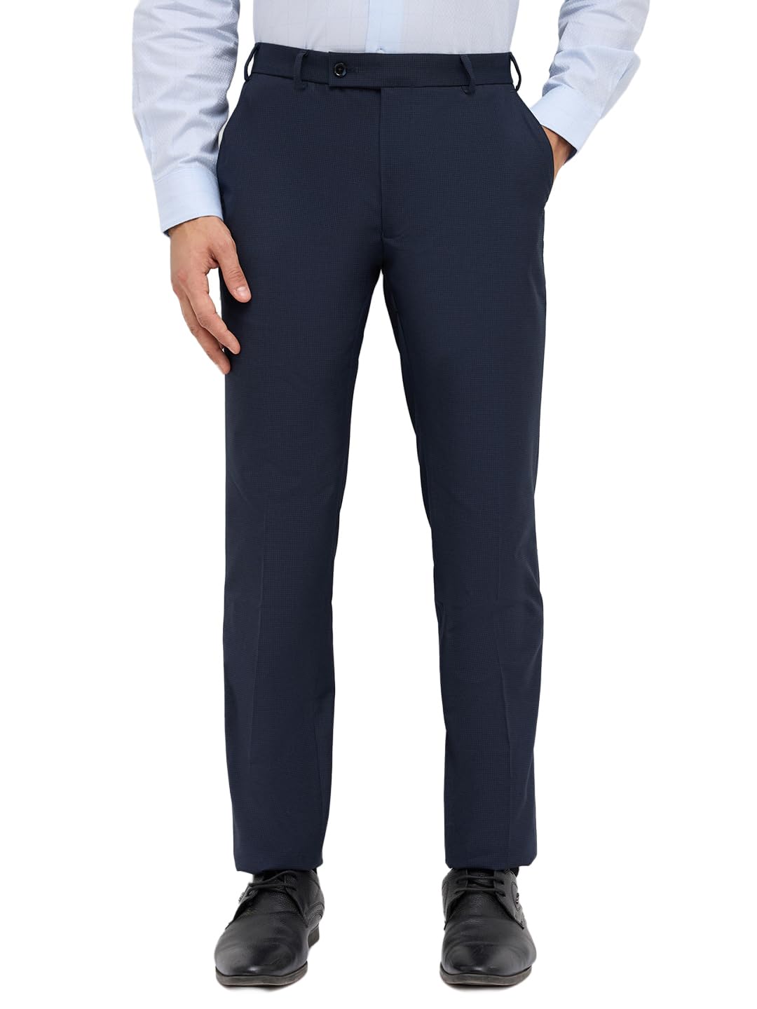 Park Avenue Men Slim Fit Checks Pattern Polyester Blend Flat Front Formal Trouser Dark Blue