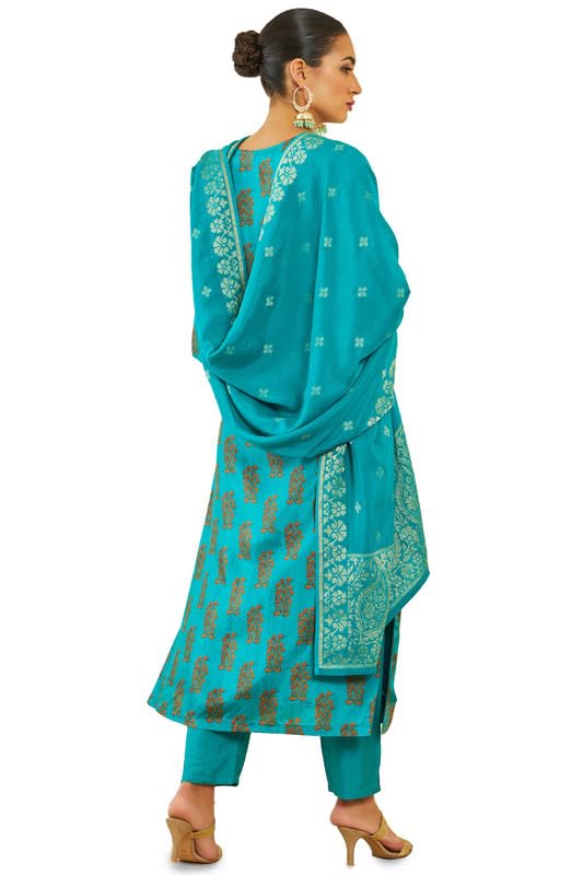 Soch Womens Turquoise Blue Brocade Blend Suit Set with Floral Print and Hand Embroidery