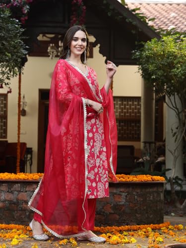 Stylum Women's Floral Printed Rayon Straight Kurta Pant Dupatta Set