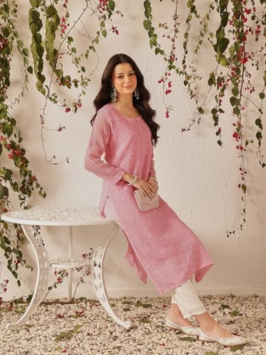 Ada Women's Hand Embroidered Chikankari Cotton Blend Kota Kurta Kurti with Slip A411213 Pink (S)