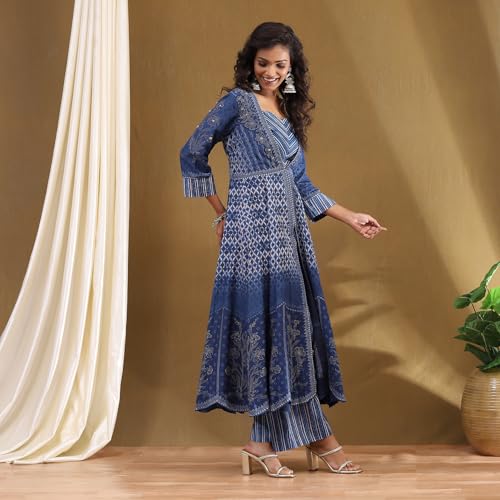 BIBA Women's Cupro Modal Printed Regular Kur,Bustr,Pla (SKDNSHIBO10030AW24IND_Indigo