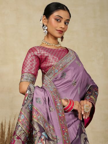 AKHILAM Women's Lavendar Viscose Silk Ethnic Motif Saree With Unstitched Blouse Piece (MSTANI161A_HS)