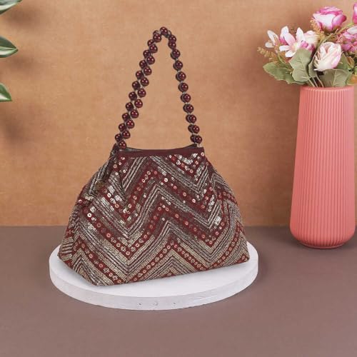 Mochi Women's Maroon Beaded Chevron Design Party Handbag(38-113)