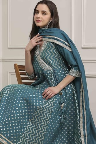 Biba Women Teal Green Poly Cotton Anarkali Suit Set_36