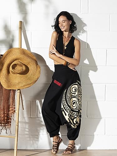 The Veshti Company High Rise Low Crotch Printed Cotton Yoga Harem Relaxed Pants For Women's, Hippie Style Baggy Palazzo Pant, Lunar Rift Black-Beige, M