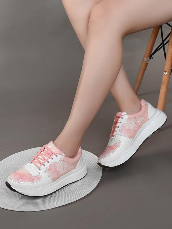 XE Looks Women Pink Printed Lace-Up Sneakers | Comfortable Lightweight Soft Sole Casual Shoes for Girls | Fashionable, and Stylish Design Footwear | Ideal for Walking, Running and Daily Use