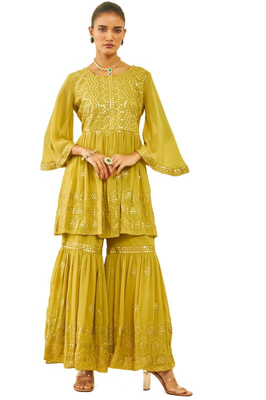 Soch Womens Mustard Georgette Embroidered Sharara Suit Set with Faux Mirror Work