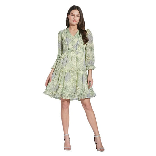 Latin Quarters Women Green V-Neck 3/4 Sleeve Printed Dress_M