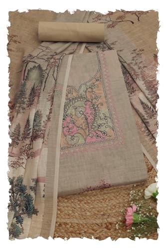 Soch Womens Beige Linen Blend Botanical Print Unstitched Dress Material With Thread Work