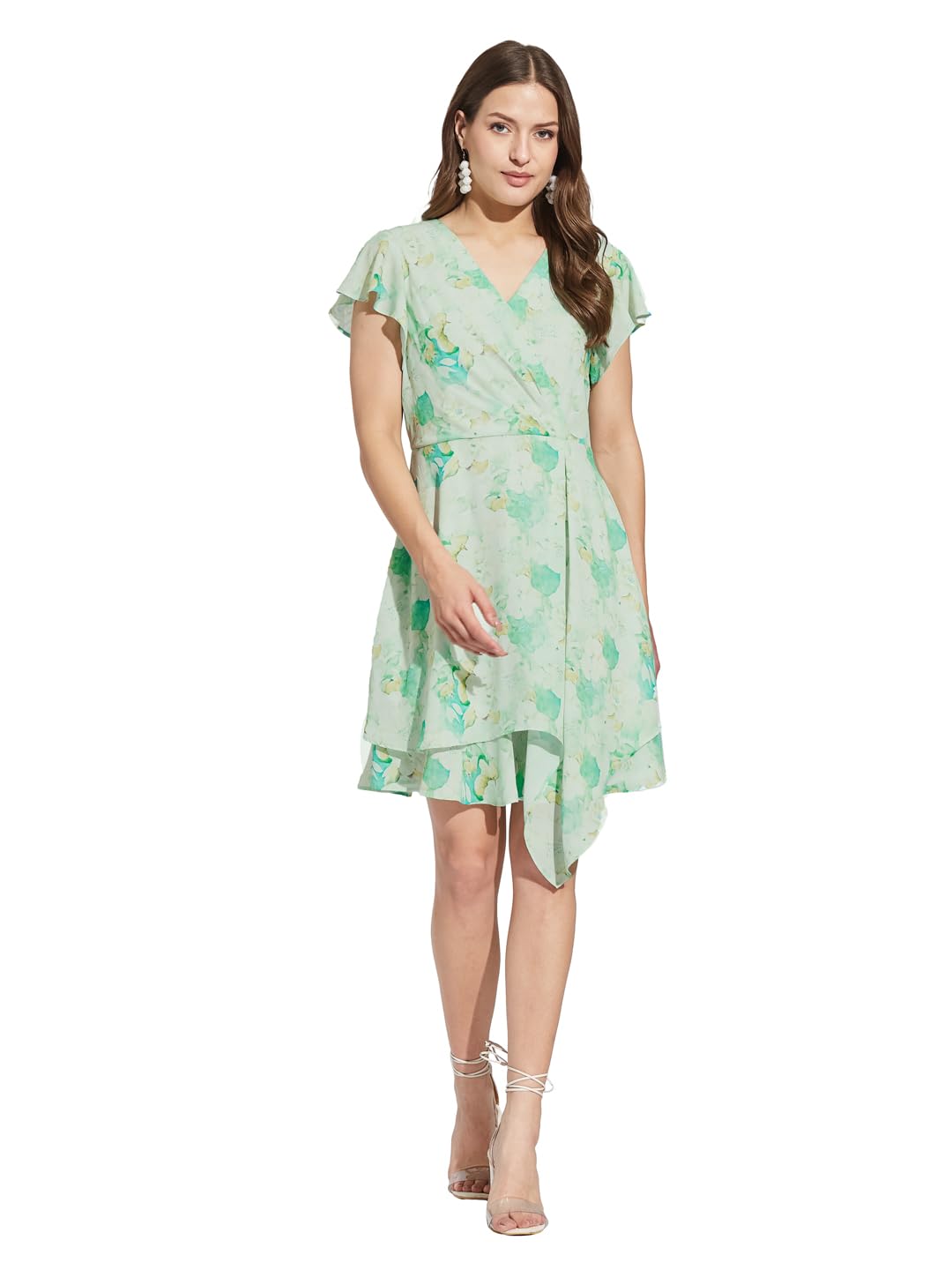 Latin Quarters Women Green V-Neck Half Sleeves Printed Above Knee A-Line Dress for Casual Wear