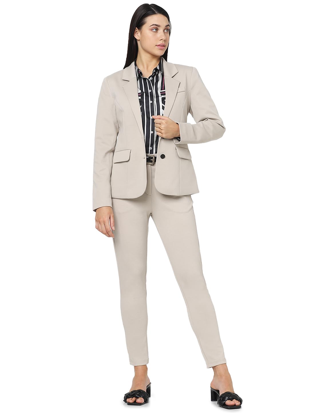 VERO MODA Women Solid Polyester Regular Fit Beige Single-Breasted Blazer