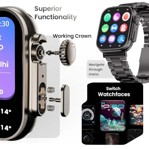 GOBOULT Newly Launched Crown Smart Watch 1.95'' Screen, BT Calling, Working Crown, Zinc Alloy Frame, 900 Nits Brightness, AI Voice Assistant, SpO2 Monitoring, 120+ Sports Mode (Chrome)