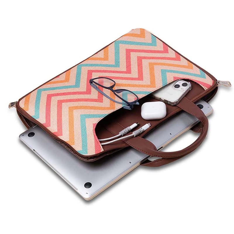 ZOUK WavBeach Wave Printed Women's Jute Handcrafted Vegan Leather Multicolor L Zipper Laptop Sleeve 15.6 inch