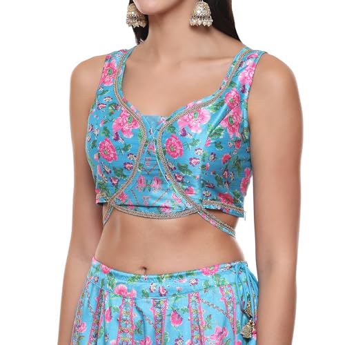 BIBA Womens Polyester Blend Printed Straight Polyester Blend Lehenga Set(Skdassorted9040_Turquoise_Xl) Readymade Turquoise Xl