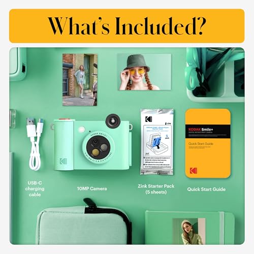 Kodak Smile+ 2-in-1 Digital Instant Print Camera & Photo Printer Gift Bundle + Case + Zink 2x3 Sticky Back Photo Paper 20pk + Album + Sticker Sets + Sticker Frames + Hanging Frames + Markers - Green