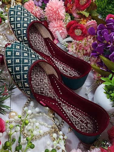 Fulkari Women Green Lotus Gold Casual Genuine Soft Leather Jutis | Bite and Pinch Free Juttis | Punjabi Jutti | Girl's Office Flat Ladies Mojari | dailywear Ethnic Juti | 37