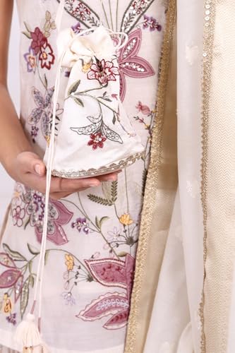 W for Woman White Floral Embroidered Cotton Straight Kurta with Flared Pant and Dupatta Set - (WS12938-223833-M)