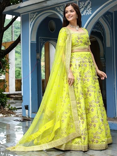 Zeel Clothing Art Silk Zari And Sequins Embroidered Art Silk Semi Stitched Lehenga Choli Set Women (7028-Neon-Wedding-Bridal-Designer-Latest-New; Free Size) (Neon), Green
