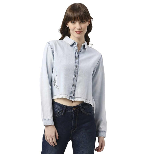 Pepe Jeans Solid Regular Neck Cotton Women's Casual Wear Shirt (Blue,Medium)