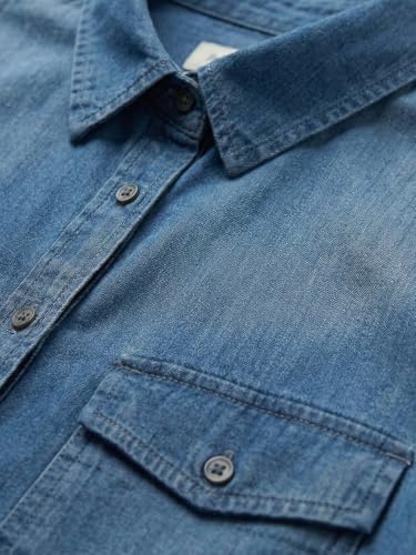 9 Impression Blue Solid Long Sleeve Plus Size Women's Denim Shirt with Flap Pocket On Chest (Blue; 4XL)