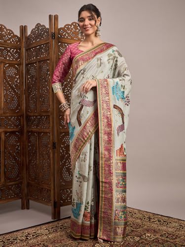 AKHILAM Women's Grey Viscose Silk Botanical Printed Saree With Unstitched Blouse Piece (MSTANI162B_HS)