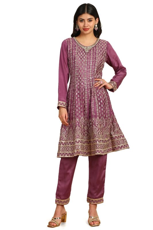 Soch Womens Purple Sequinned Embellished Chinon Suit Set with Dupatta