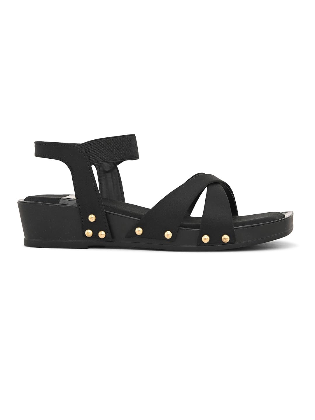 XE Looks Women's Black Wedges Sandals | Cross Strap Design with Gold Stud Detailing | Comfortable, Attractive & Fancy Ankle Strap-Wedges Cushioned Footbed | Trendy Wedges Sandals For Girls & Women