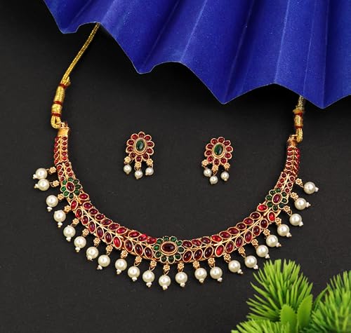 CUTE GOLD Antique Oxidised Plating Necklace With Earring For Women and Girls | Antique Temple Necklace Set for Women & Girls(AN-360) (Modern)