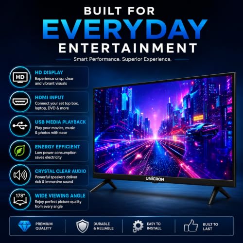 UNICRON 24 Inch HD LED TV Non Smart 20W Sound Output, Premuim Slim Design Crystal Clear Display with HDMI & USB Ports, Ideal for Home, Office & Monitor More