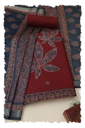 Soch Womens Maroon Art Silk Ethnic Motifs Unstitched Dress Material With Mirror Work