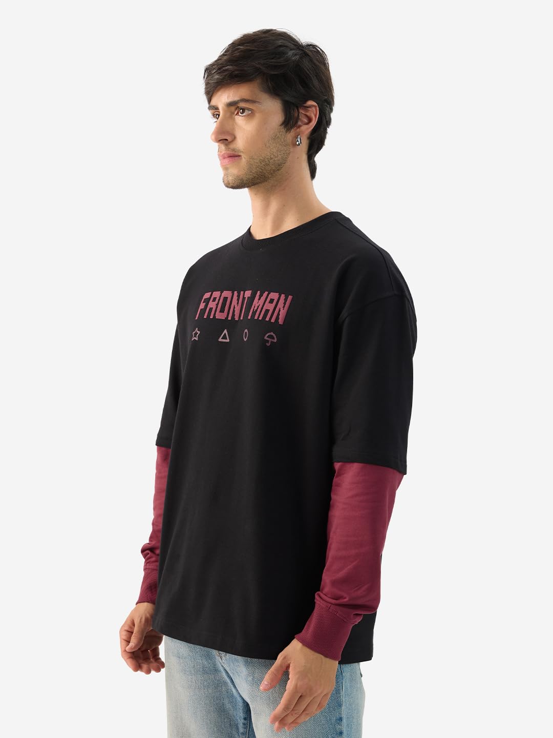 The Souled Store Official Squid Game: Front Man Men and Boys Round Neck Black Graphic Printed Cotton Oversized Full Sleeve T-Shirts