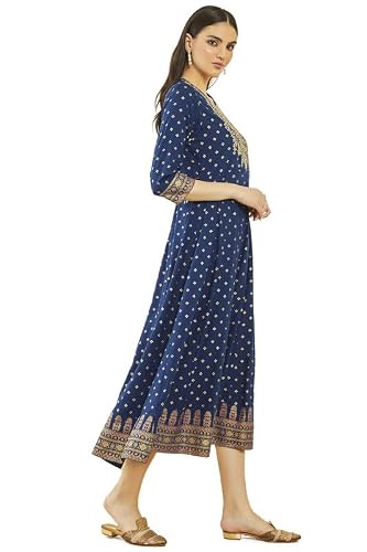 Soch Womens Blue Rayon Floral Embroidered Dress Kurta with Waist Tie-Up
