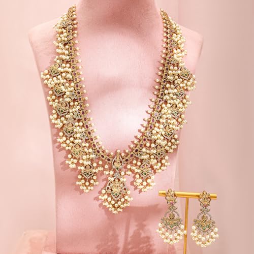 Rubans 22K Gold-Plated Temple Jewellery Set with Pink & Green Stones and Pearl Detailing