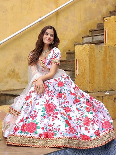 Zeel Clothing Women's Art Silk Digital Print With Dori, Sequins, And Stone Work Art Silk Semi Stitched Lehenga Choli With Dupatta (7512-White-Red-Wedding-Floral-Lehenga-Choli; Free Size)
