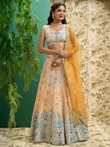 Zeel Clothing Women's Zari And Digital Print Work Art Silk Semi Stitched Lehenga Choli With Dupatta (5073-Multi-Womens-Lehenga-Choli-Latest; Free Size)