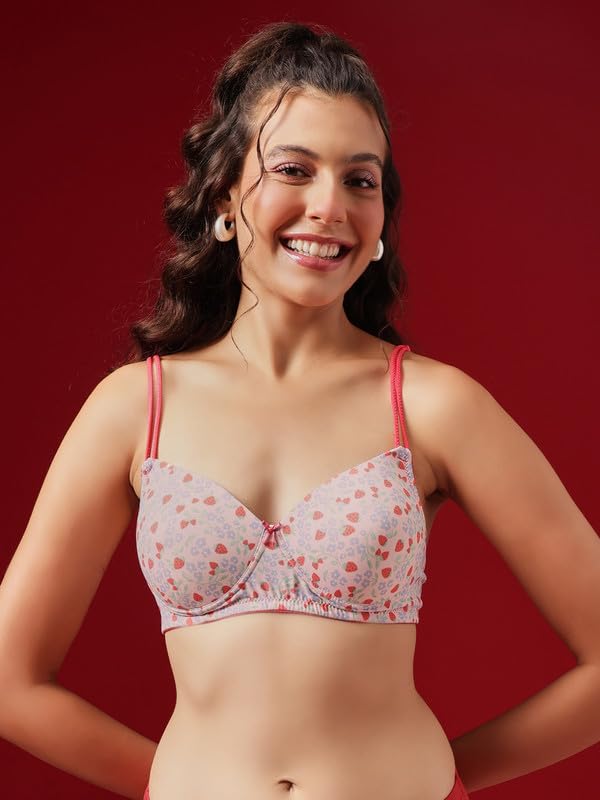 Clovia Women's Printed Padded Non-Wired T-Shirt Bra with Adjustable Satin Dual Straps - Pink