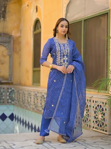 Divena Blue Leheriya Kota Doria Kurta Pant With Dupatta