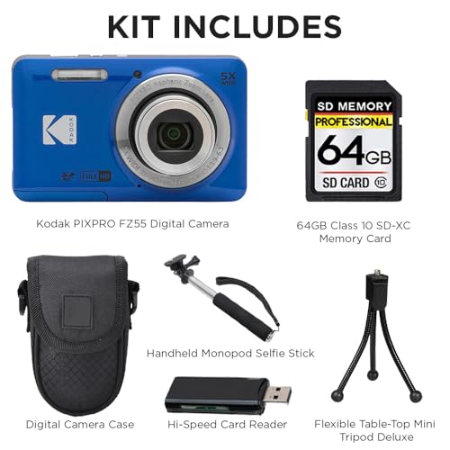 Kodak PIXPRO FZ55 Digital Camera, 16MP Compact Point & Shoot, 5X Optical Zoom, 28mm Wide Angle Lens, 1080P HD Video, Blue + 64GB SD Card, Case, Selfie Stick, Mini Tripod & USB Card Reader