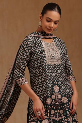 Soch Womens Green Muslin Floral Print Suit Set With Zari