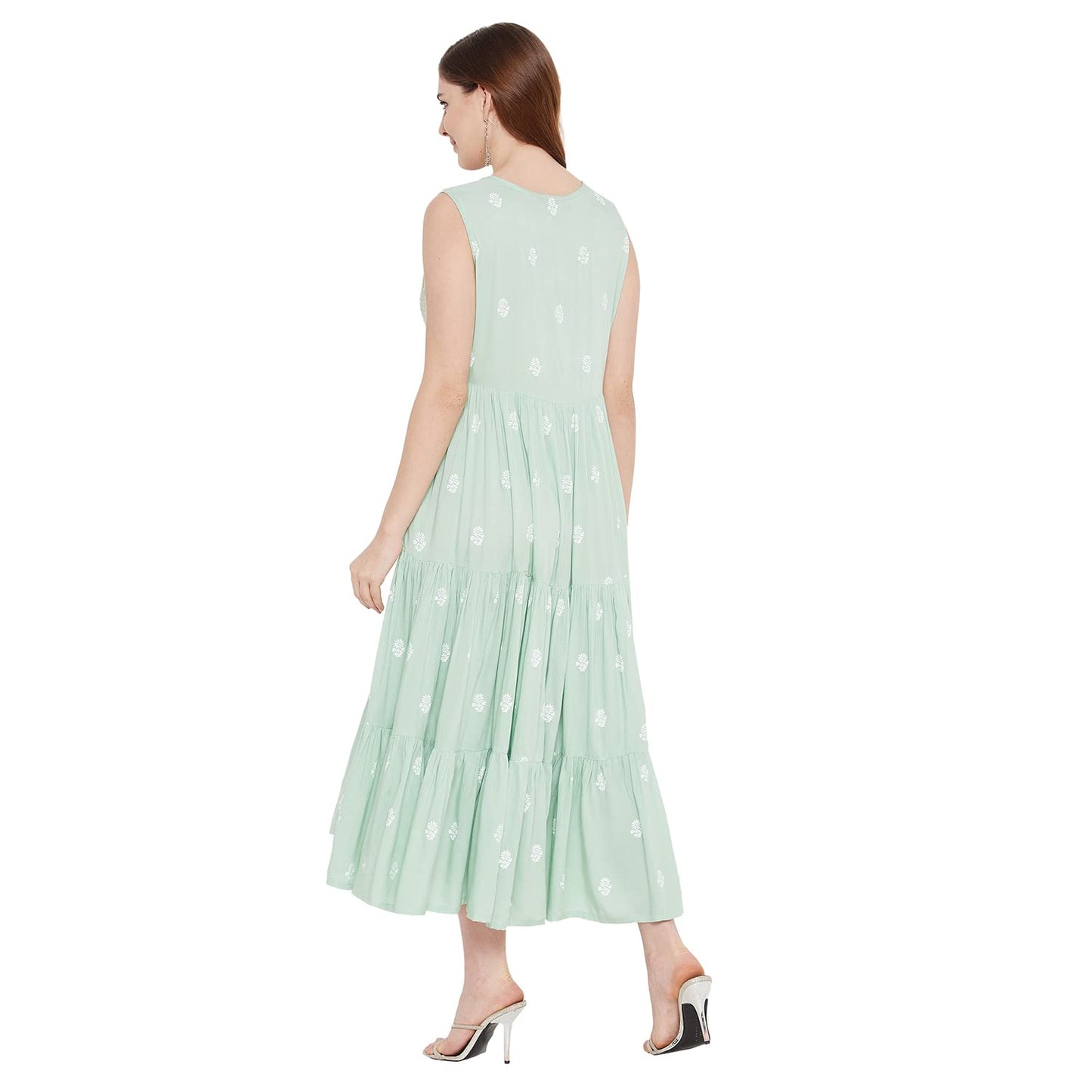 Rangavali Stylish Sea Green Festive Tiered Anarkali Dress for Women | Western A-Line Maxi Sleeveless Long Gown for Womens | Fusion Dresses for Ladies | 1 Pcs Dress | L, 36