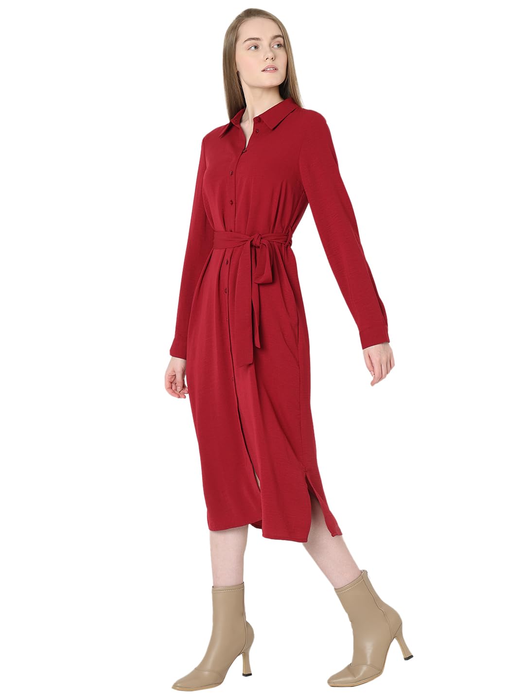 VERO MODA Women Solid Red Polyester Midi Length Shirt Dress