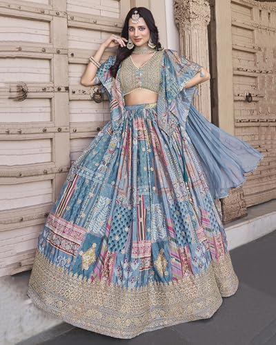 Zeel Clothing Women's Digital Print with Zari Dori Embroidery Work Chinnon Silk Lehenga Choli With Dupatta (7050-Women-Lehenga-Choli-New; Free size) (SkyBlue)