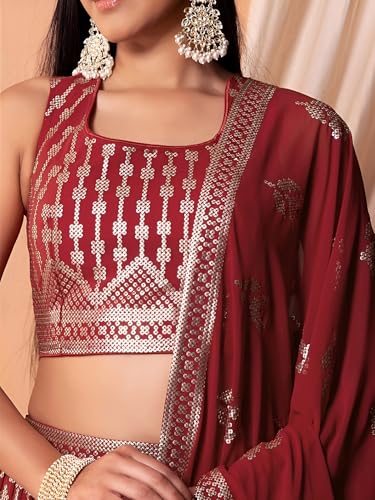 Zeel Clothing Women Sequins Thread Embroidered Georgette Semi-Stitched Lehenga Choli With Dupatta (5116-Maroon-Wedding-Stylish-Latest; Free Size)