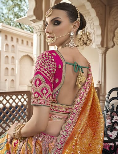 Traditional Bridal Lehenga Choli, Pink and Orange Multicoloured, Heavy Embroidered, with Designer Jewellery Set