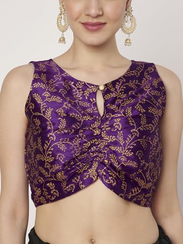 studio rasa Women's Dupion Hand Block Printed Readymade Blouse for Festive Wedding Party (TPWC725BL85XL_Purple-2_X-Large)
