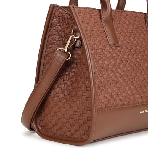 Fastrack Lattice Brown Satchel Bag | Faux Leather Woven Design | Three Compartment Satchel with Center Zipper Pocket & Organizer Pockets | Dual Carry Handles & Adjustable Strap